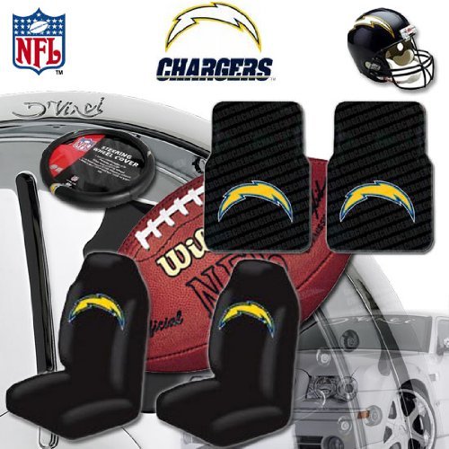 NFL San Diego Chargers Car Seat Covers, Floor Mats and Steering Wheel Cover Set with Bonus CD Wallet