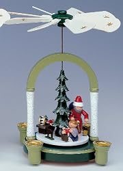 Green & White Christmas Pyramid - Santa Claus & Little Girl - 1 Tier Candleholder