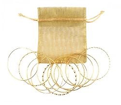Bracelet - B327 - 12 Pc Asst. Bangle Set ~ Plain, Etched and Twisted in Gold Tone - 70mm + Gold Organza Gift Bag