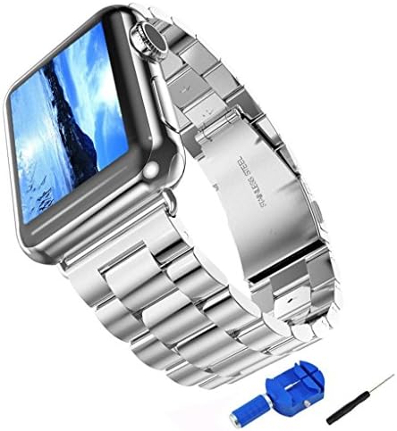 Apple Watch Band, NEXCEO 38mm Stainless Steel Replacement Link Bracelet Strap Classic iWatch Wristband with Double Button Folding Clasp for Apple Watch (38mm Silver)