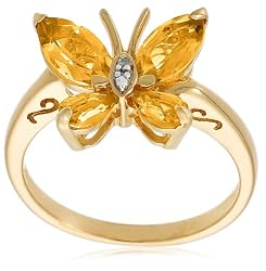 Yellow Gold Plated Sterling Silver Citrine and Diamond-Accent Butterfly Ring