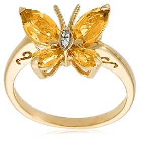 Yellow Gold Overlay Sterling Silver Citrine w  Diamond Accent Butterfly Ring