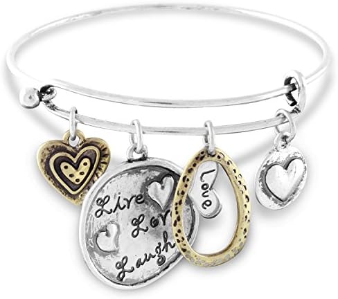 Live Love Laugh Wire Bangle Charm Bracelet Antiqued Two Tone Hearts