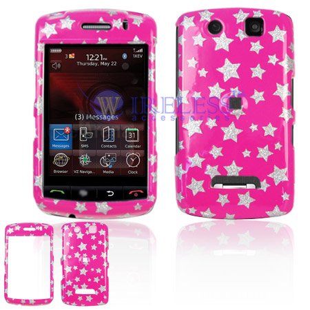 Hot Pink with Silver Stars Sparkle Design Snap-On Cover Hard Case Cell Phone Protector for BlackBerry 9500 Storm 9530 Thunder