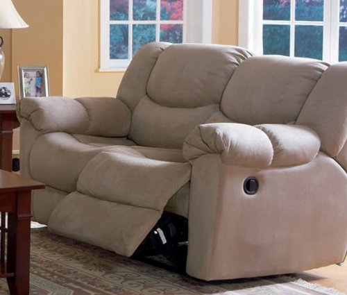 Double Reclining Loveseat Sofa Beige Padded Microfiber