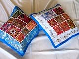 2 BLUE BEADED INDIAN ACCENT THROW CHAIR PILLOWS CUSHION