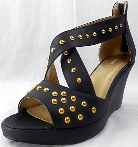 Midnight Velvet Black Wedge Style Zipper Back High Heel with Gold Studded Details Size 8.5 M