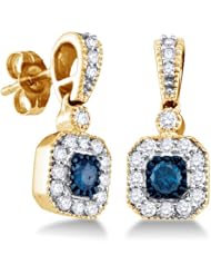 10K Yellow and White Two 2 Tone Gold Round Brilliant Cut Blue and White Diamond - Milgrain Channel Set Dangle Earrings with Secure Push Back Closure - (2/3 cttw.)