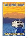 Ferry and Mountains, Bellingham, Washington Art Giclee Poster Print by Lantern Press, 12x16