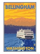 Ferry and Mountains, Bellingham, Washington Art Giclee Poster Print by Lantern Press, 12x16