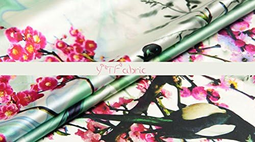 Silk Stretch Satin Fabric with Paeonia Suffruticosa & Bird Pattern, Fashion Floral Silk Fabric By the Yard