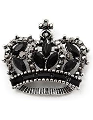 Black CZ Crown Brooch In Burn Silver Metal