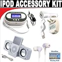 Digital 203 Channel FM Transmitter with LCD Screen + White portable folding Speaker + White mini soft Earbuds + 3-in-1 Charging kit for Apple iPod Classic, Video, Touch, Nano, iPhone 1G / 3G + DBROTH Microfiber Cleaning Cloth