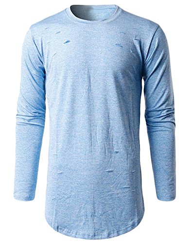 CXX Men's Hipster Hip Hop Longline Ripped Long Sleeve T-Shirt Light Blue US L