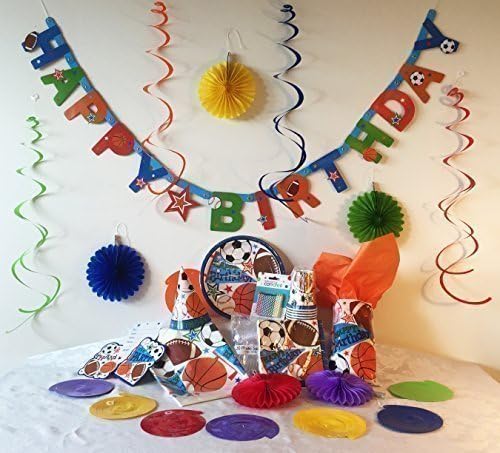 Kids Birthday Party in a Box - Sports Themed Party Supplies for Boys and Girls Featuring Decorations, Invitations and More for 8 Guests (bundle of 13 items)!