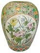 Oriental Melon Shaped Flower Vase, Hand Painted Porcelain, Spring Green Poppy Design