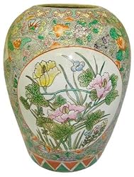 Oriental Melon Shaped Flower Vase, Hand Painted Porcelain, Spring Green Poppy Design