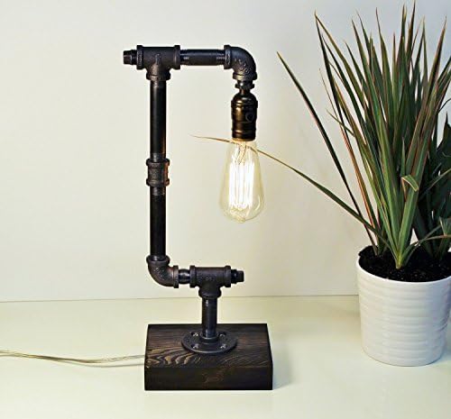 Industrial Steampunk table pipe lamp with Classic Edison bulb and Weathered wood base