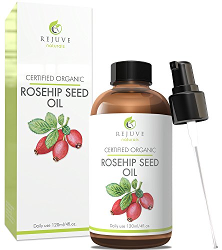 Certified Organic Rosehip Seed Oil, Pure & Cold Pressed by RejuveNaturals, 4 oz | Anti Aging, Antioxidant Rich Skin Moisturizer for Improving the Look of Face Wrinkles, Scars, Acne & Stretch Marks