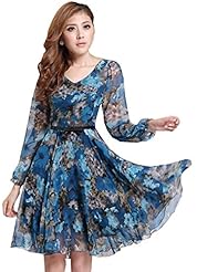 Sexy V-neck General Print Puff Sleeves Chiffon/Cotton Lace Fitted Pleated   Dress With a Sash  and Ruffles