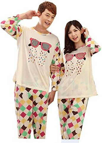 KM Couple Pure Cotton Pyjamas Long Sleeves Nightwear Set #12 Glass Pattern (Female M)