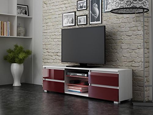TV Stand FOURDRAW with LED light Glass Shelves and 4 Drawers for up to 65" Flat TV Screens - Mesa para TV hasta 65" con LEDs - Media storage TV cabinet for 65" screens (White with Bordeaux)