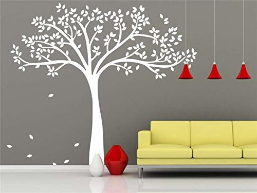 White Tree Wall Decal Nursery-Blowing Leaves Wall Murals Art-Vinal White Tree Wall Sticker-Large Tree Decal-Removable Tree Wallpaper Home