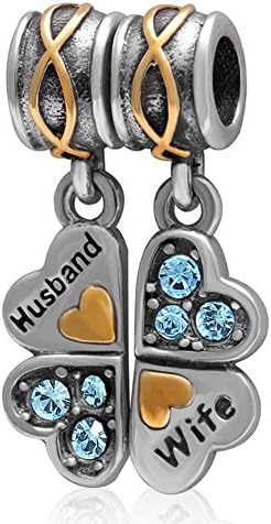 Charmstar Piece of My Heart Wife Husband Dangle Charm with Crystal Authentic Sterling Silver Birthstone Four Clover Pendant Bead for European Bracelet (Aquamarine)