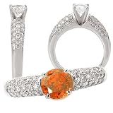 18k Chatham cultured 6.5mm round padparadscha color #3 engagement ring with natural diamonds