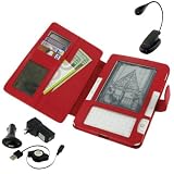 Red Full Genuine Leather Case with Retractable USB Cable Charge Kit and Book Light for Amazon Kinde 2 (Old Version) E-Reader Reading Device (Kindle NOT Included)