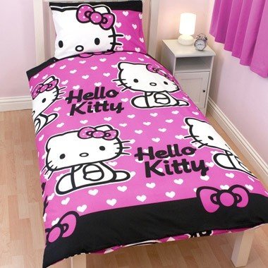 Girls Hello Kitty Quilt/Duvet Cover Bedding Set (twin bed) (Pink/White 