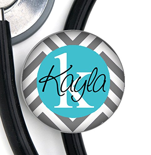 Stethoscope Tag - Grey and White Chevron / Turquoise Blue Center - Personalized Name - Steth ID Tag