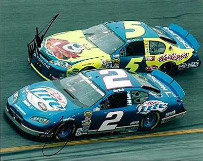 2X AUTOGRAPHED Mark Martin (Kelloggs) & Kurt Busch (Miller Lite) NASCAR Racing On Track 8X10 Glossy Photo with COA