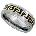 Tungsten Carbide 8 mm (5/16 in.) Comfort Fit Flat Wedding Band Ring w/ Carbon Fiber and Gold Tone Greek Key Inlay