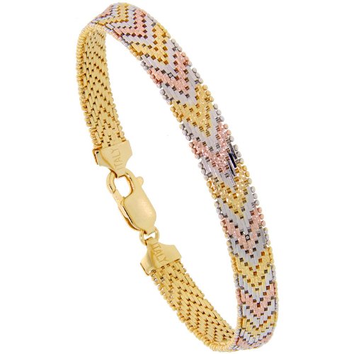 Sterling Silver Italian Tri-color Riccio Bracelet 7-Row 1/4 inch wide, 7 inch