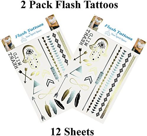 Your Spirit Space 12 Sheets of Temporary Flash Bling Tattoos in Metallic Gold Silver and Black - High Quality Fashion Temporary Body Jewelry