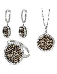 BRI Jewelry Sterling Silver Round Bowl Shape With Clear And Coffee Micropave Cubic Zirconia Set - Pendant - Dangle Earring