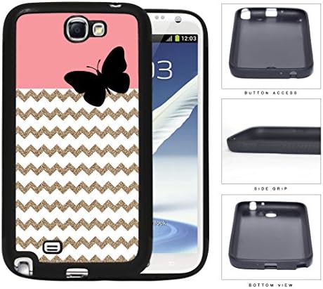 Gold and White Chevron Pattern with Pink Top and Black Butterfly Samsung Galaxy Note II 2 N7100 Rubber Silicone TPU Cell Phone Case