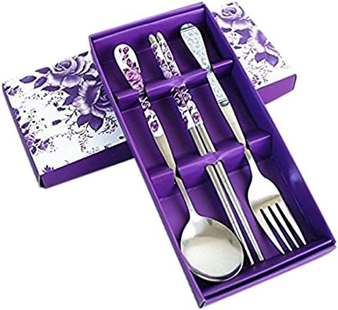 AIMENTE LESOLEIL 3 in 1 Vintage Tableware Set Chinese Style Stainless Steel Chopsticks Spoon Fork Purple Rose