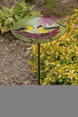 Finches on Coneflower Glass Birdbath