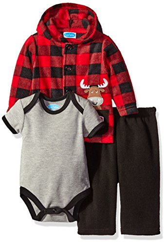 BON BEBE Boys' 3 Piece Microfleece Jacket Set with Bodysuit and Pant, Lumberjack Red, 0-3 Months
