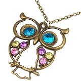 Vintage Multicolor Rhinestone Crystal Decorated Cute Blue Eyes Baby Owl Pendant Long Chain Necklace