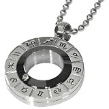 Zodiac Symbol Black Spinning Circle Cubic Zirconia Stainless Steel Amulet Pendant Necklace