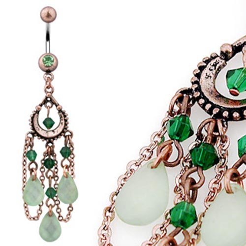 Vintage Navel Ring with Peridot , Beads and 3-Pear Shaped Jade color Light green Adventurine Dangles