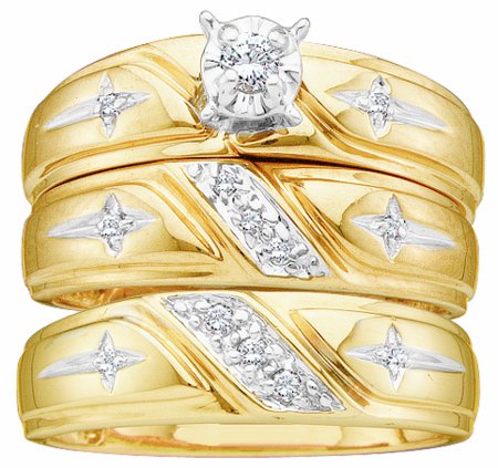 Men's Ladies 10K Yellow Gold .15CT Round Cut Diamond Wedding Engagement Bridal Trio Ring Set Discount