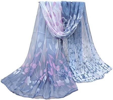 Womens Fashion Scarves Thin Long Georgette Silk Shawl Leaf Print Shawl and Scarves 160*50cm (Grey Blue)