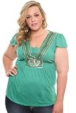 Torrid Plus Size Green Embroidered-Neck Crinkle-Knit Top