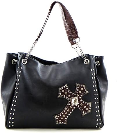 Western Rhinestone Cross Oversized Chain Tote Purse Handbag - Black