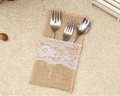 Promices 10Pieces Vintage 4"x8" Burlap Lace Tableware Pouch Cutlery Holder Wedding Decoration Favors Party Supply Products