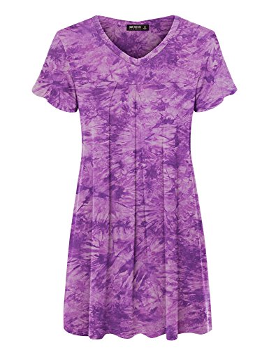CTC Womens V Neck Short Sleeve Tie Dye Pleats Tunic Top
